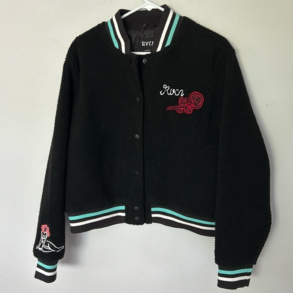 NWT RVCA Dream Team Bomber Jacket, black with rainbow, women’s size Medium,